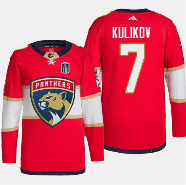 Mens Florida Panthers #7 Dmitry Kulikov Red 2024 Stanley Cup Final Patch Stitched Jersey Dzhi